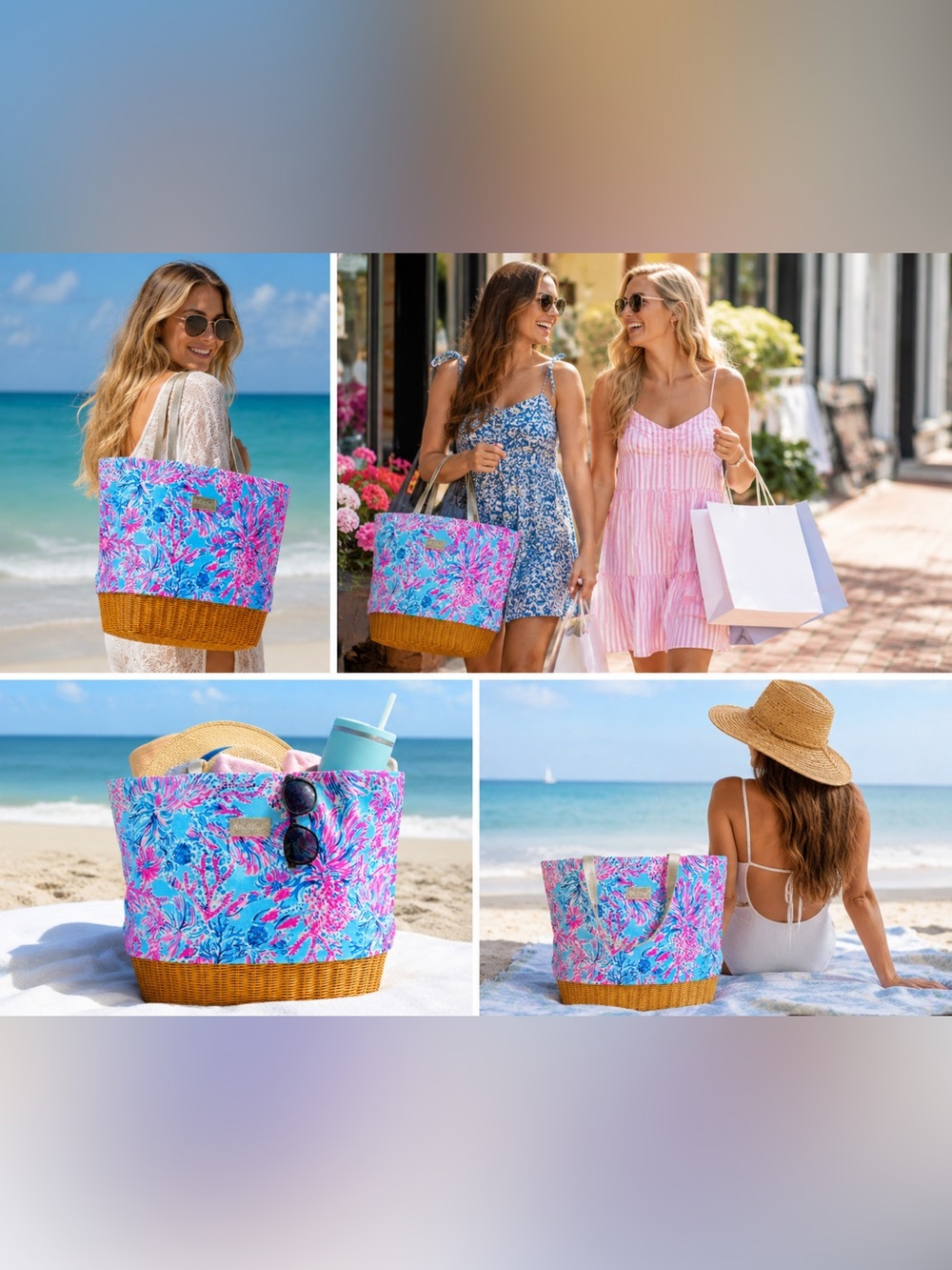 RARE BNWOT Lilly Pulitzer Blue-Pink Coral-Print Tote w Gold Handles& Wicker Tote